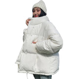 Estilo coreano 2019 Chaqueta de invierno Mujer Cuello alto Sólido Negro Blanco Abrigo de plumón femenino Suelto Parka corta para mujer de gran tamaño