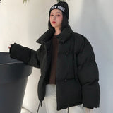 Estilo coreano 2019 Chaqueta de invierno Mujer Cuello alto Sólido Negro Blanco Abrigo de plumón femenino Suelto Parka corta para mujer de gran tamaño