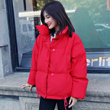 Estilo coreano 2019 Chaqueta de invierno Mujer Cuello alto Sólido Negro Blanco Abrigo de plumón femenino Suelto Parka corta para mujer de gran tamaño