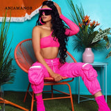 ANJAMANOR Conjunto de dos piezas Malla Un hombro Manga larga Top corto Pantalones cargo Streetwear Conjuntos Conjuntos de chándal Conjuntos D58-AE86