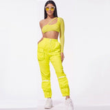 ANJAMANOR Conjunto de dos piezas Malla Un hombro Manga larga Top corto Pantalones cargo Streetwear Conjuntos Conjuntos de chándal Conjuntos D58-AE86
