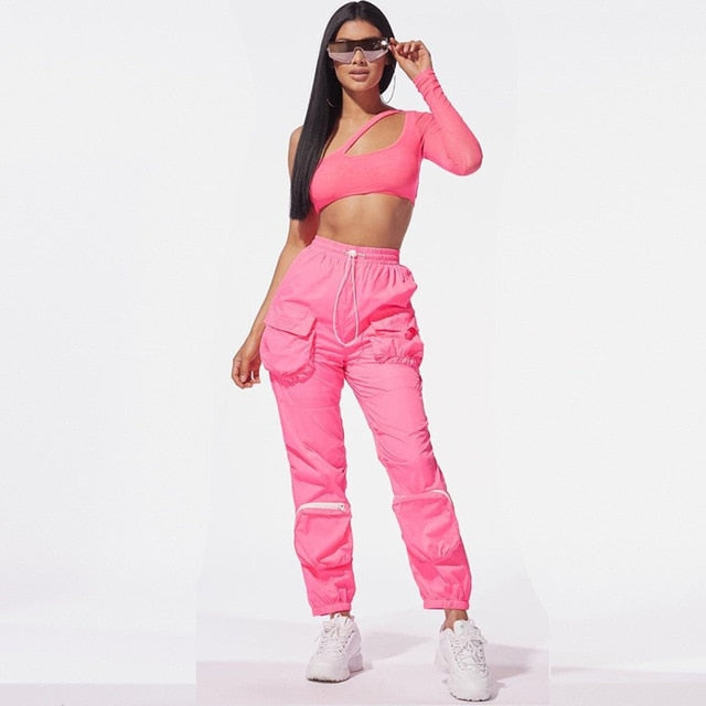 ANJAMANOR Conjunto de dos piezas Malla Un hombro Manga larga Top corto Pantalones cargo Streetwear Conjuntos Conjuntos de chándal Conjuntos D58-AE86