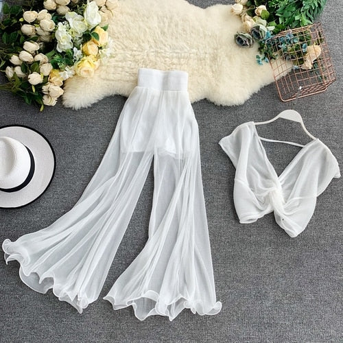 Gaganight Conjunto de dos piezas sexy Pantalones de pierna ancha para mujer Traje de 2 piezas Trajes para mujer Blusa corta con cuello en V Elegante conjunto de 2 piezas