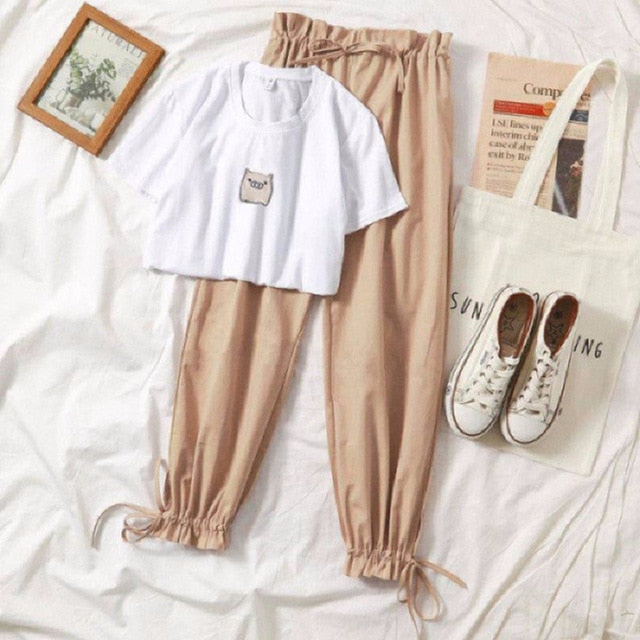 Conjunto de dos piezas ropa de verano para mujer 2019 nuevo dresy damskie moda casual pantalones anchos pierna estampado de cerdo camiseta 2 piezas conjunto mujer