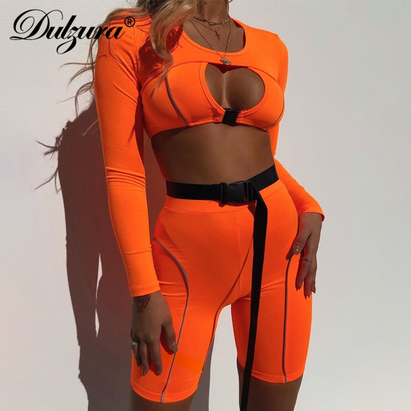 Dulzura 2019 verano mujer conjunto de dos piezas conjuntos huecos streetwear conjuntos a juego conjunto de coordenadas pantalones reflectantes sexy crop top