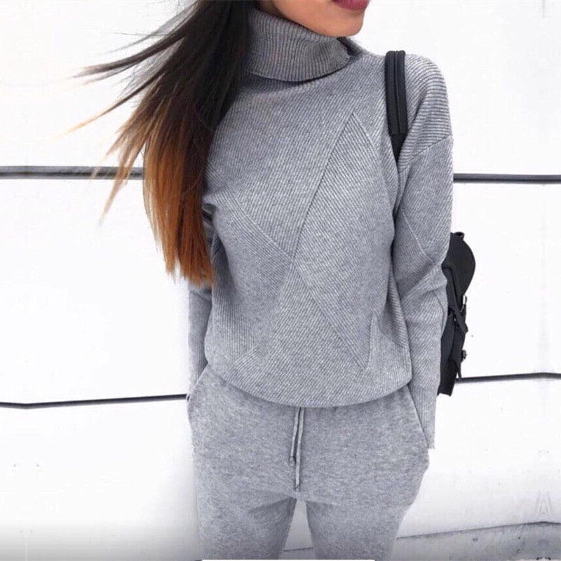 Otoño invierno Chándal de punto Sudaderas de cuello alto Traje casual Ropa de mujer Conjunto de 2 piezas Pantalón de punto Traje deportivo Mujer