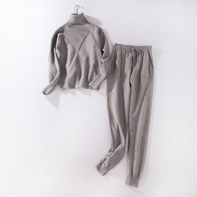 Otoño invierno Chándal de punto Sudaderas de cuello alto Traje casual Ropa de mujer Conjunto de 2 piezas Pantalón de punto Traje deportivo Mujer
