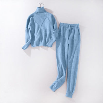 Otoño invierno Chándal de punto Sudaderas de cuello alto Traje casual Ropa de mujer Conjunto de 2 piezas Pantalón de punto Traje deportivo Mujer