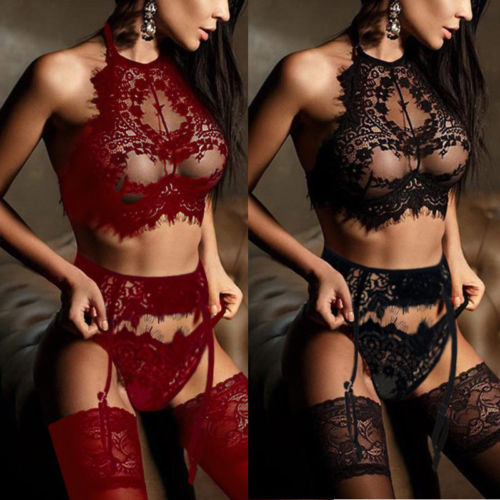 Lencería sexy para mujer Camisón Babydoll Bragas Ropa interior Conjunto de sujetador de encaje Ropa de dormir